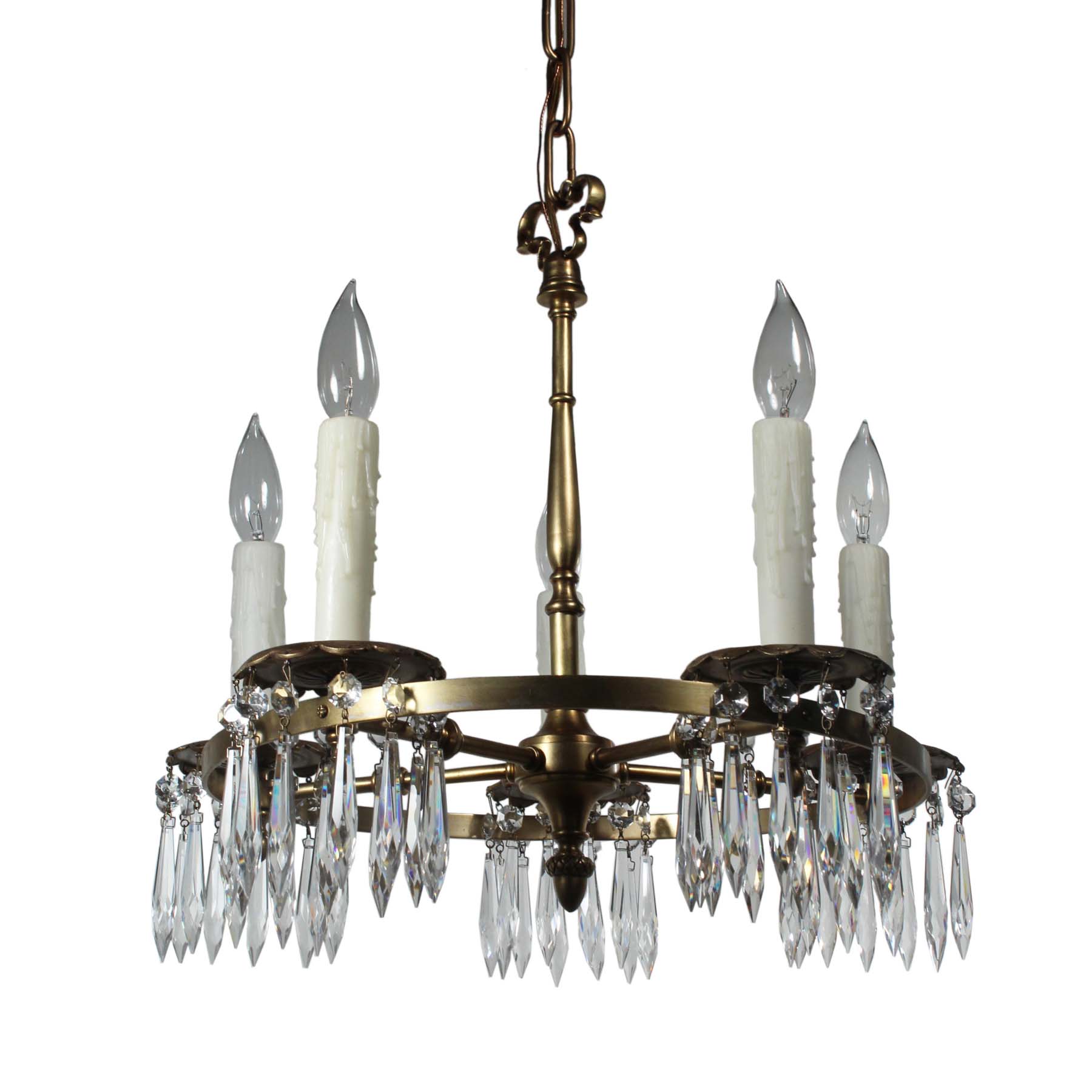 Antique Neoclassical Brass Chandelier with Prisms, Early 1900s-0
