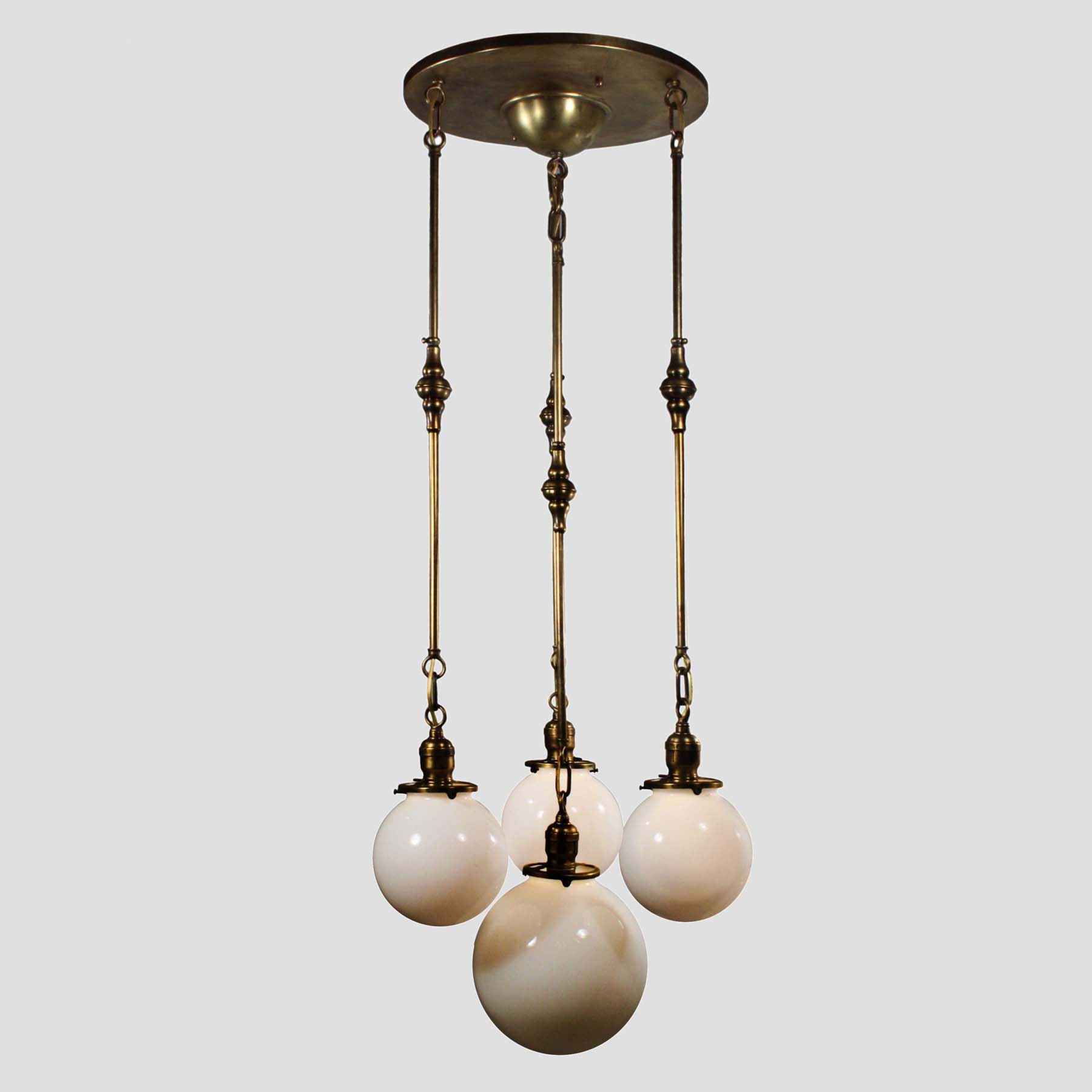 SOLD Antique Brass Semi Flush-Mount Chandelier with Ball Shades-72182