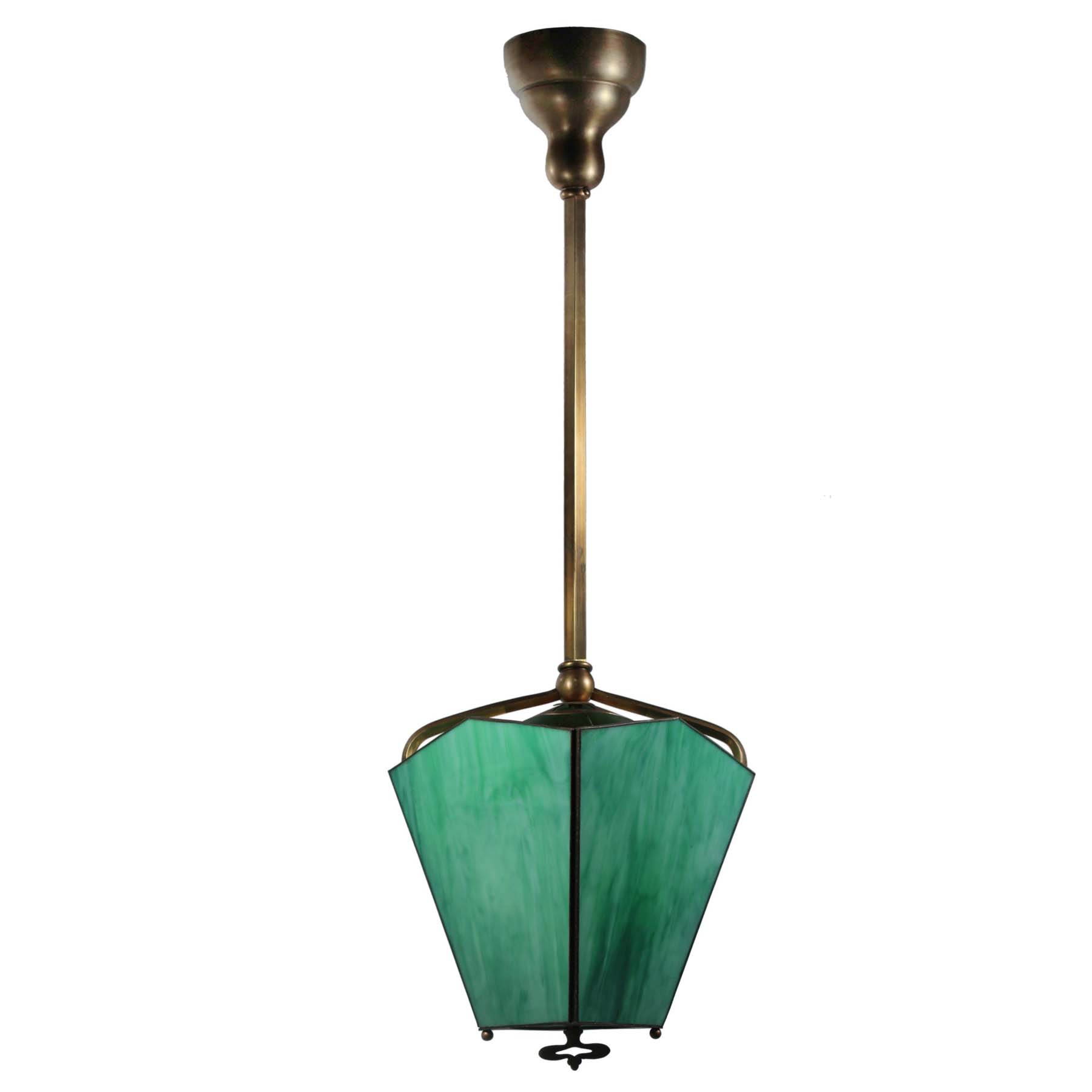 Antique Brass Gas Lantern, Green Slag Glass-0