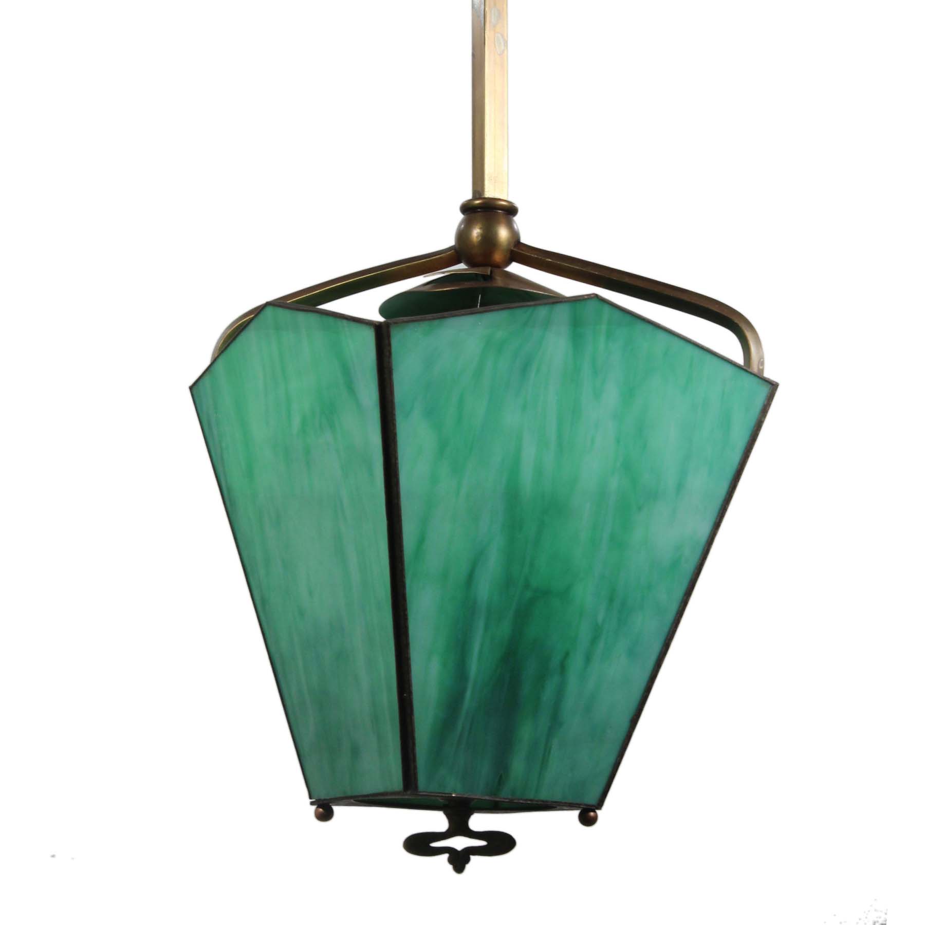 Antique Brass Gas Lantern, Green Slag Glass-72406