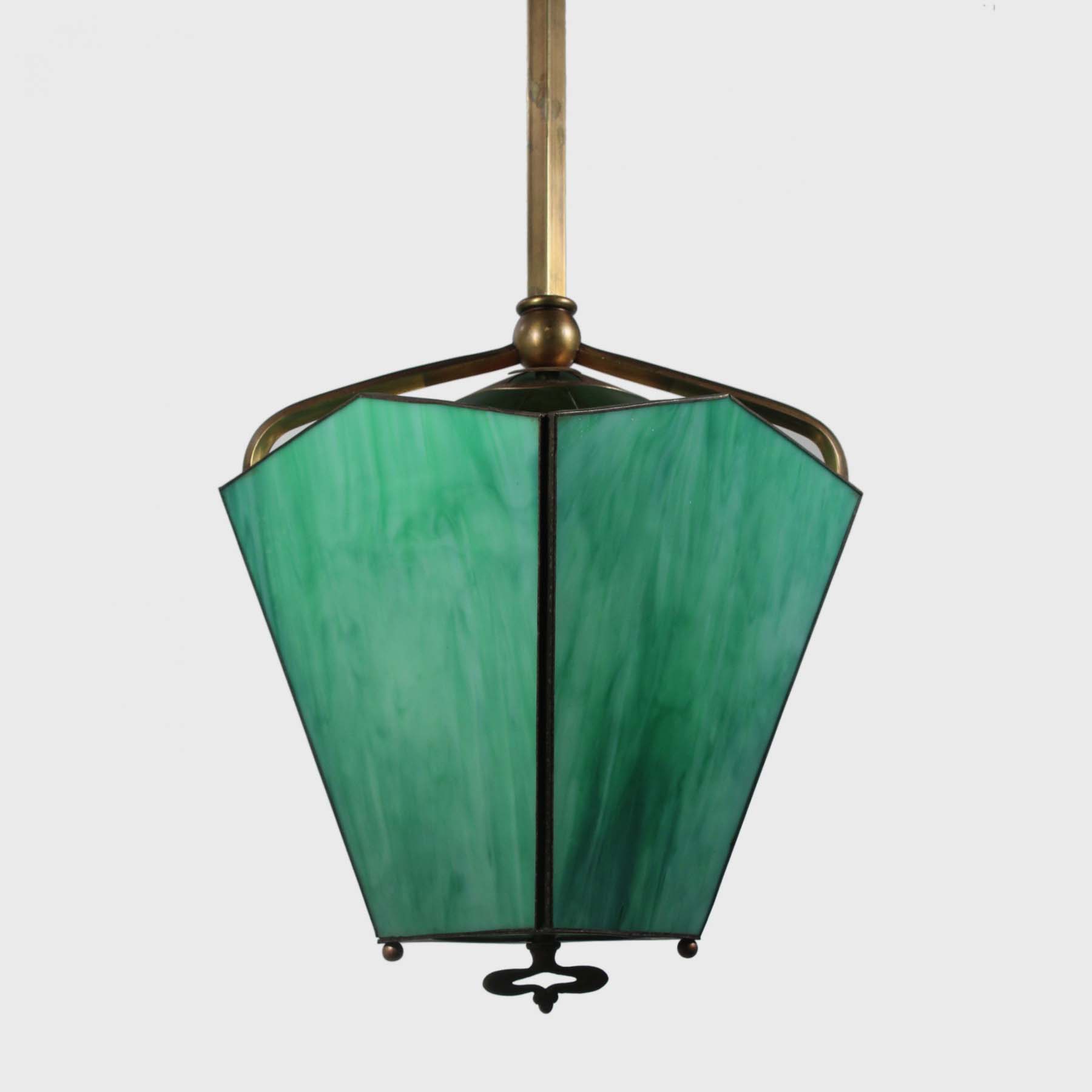 Antique Brass Gas Lantern, Green Slag Glass-72407