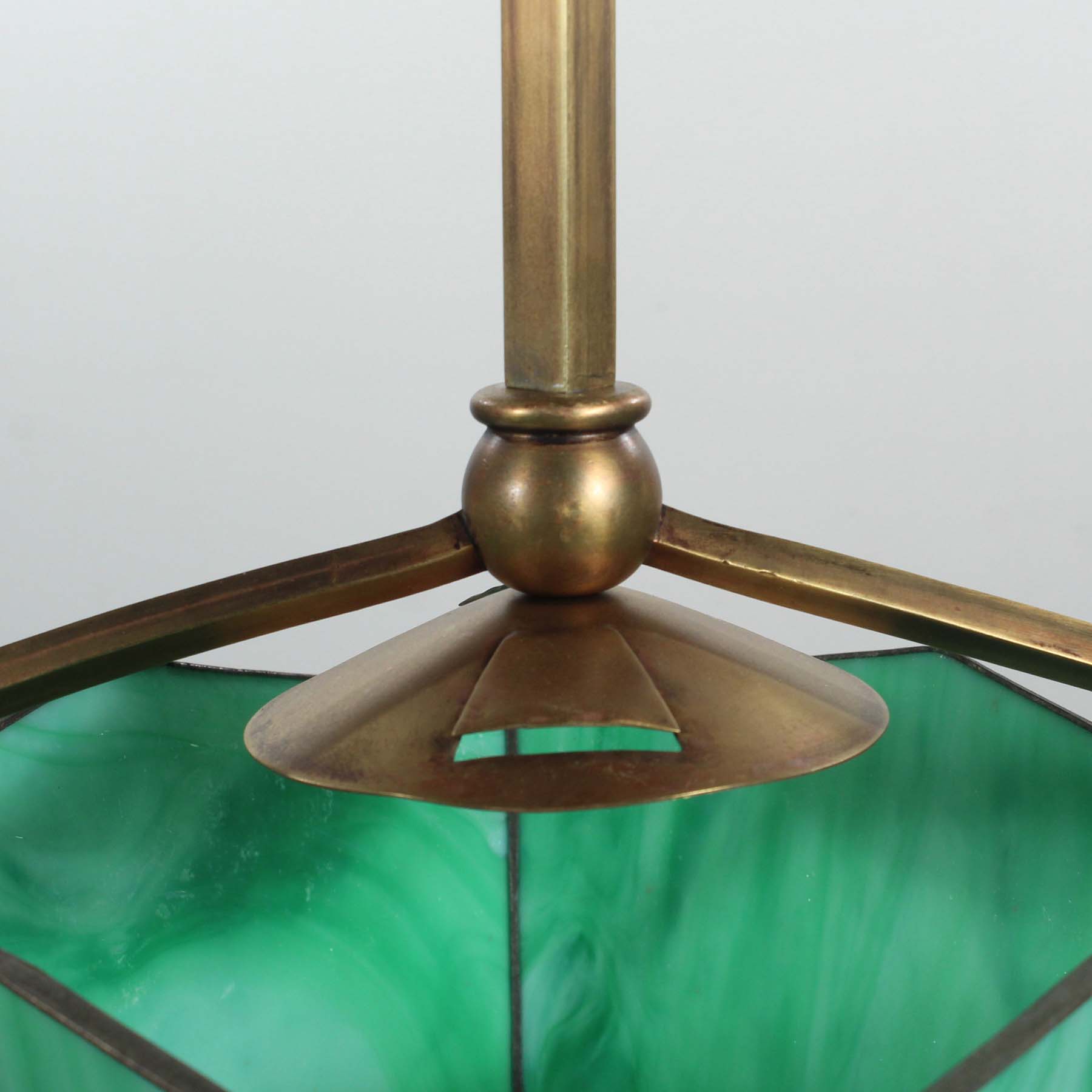 Antique Brass Gas Lantern, Green Slag Glass-72409