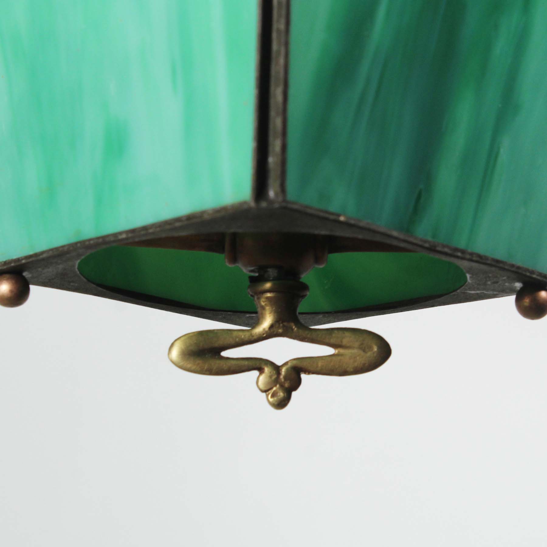 Antique Brass Gas Lantern, Green Slag Glass-72410