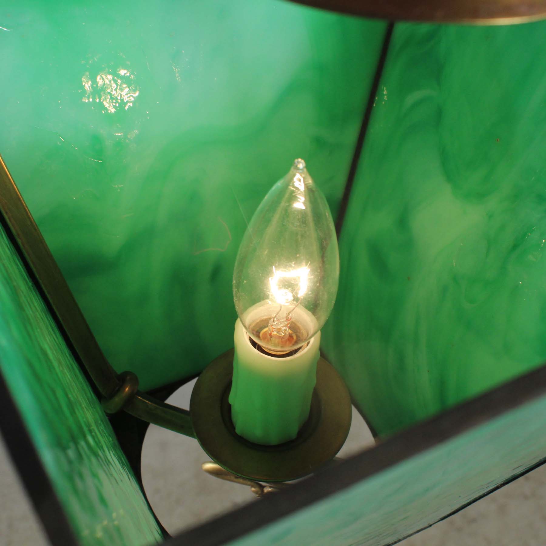 Antique Brass Gas Lantern, Green Slag Glass-72412