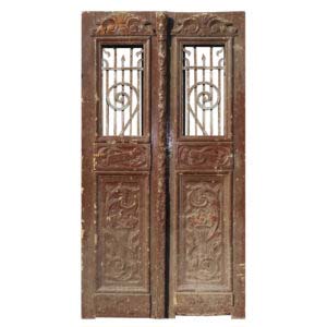 Salvaged Pair of Antique 42” French Colonial Doors with Iron Inserts