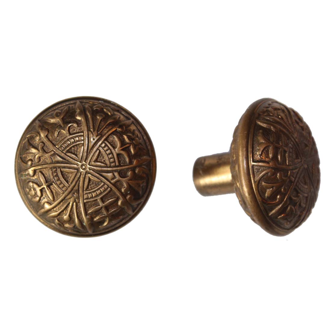 Vintage Old Eastlake Black Wood Knob With Stamped Polished Brass Overlay - Round Door Knob