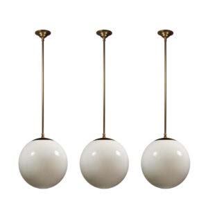 Substantial Brass Mid-Century Modern Pendants with Ball Shades, New Old Stock