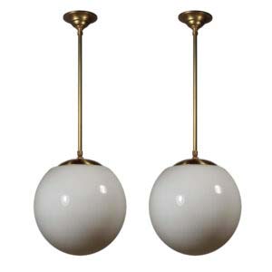 Brass Mid-Century Modern Pendants with Ball Shades, New Old Stock