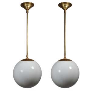 Petite Brass Mid-Century Modern Pendants with Ball Shades, New Old Stock