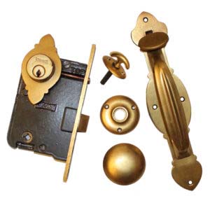Complete Antique Exterior Brass Lock Set “Newton” by Russwin Complete Antique Exterior Brass Lock Set “Newton” by Russwin