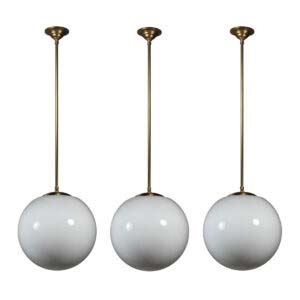 Large Brass Mid-Century Modern Pendants with Ball Shades, New Old Stock