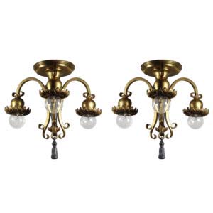 Matching Antique Semi-Flush Mount Chandeliers, Two-Tone