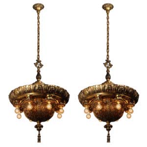 Antique Bronze Masonic Loew’s Temple Theater Chandeliers, E.F. Caldwell Attributed