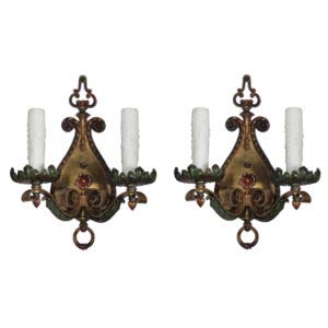Pair of Antique Double-Arm Bronze Sconces, Original Polychrome Finish
