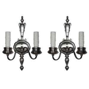 Pair of Antique Nickel Plated Double-Arm Sconces, c. 1910