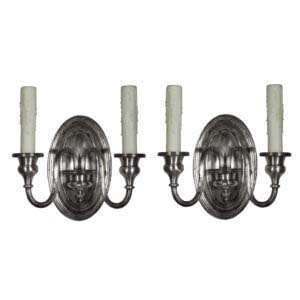 Antique Pair of Silver Plated Double-Arm Sconces, Signed by Maker