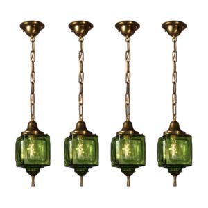 Matching Vintage New Old Stock Pendant Lights with Green Glass Shades
