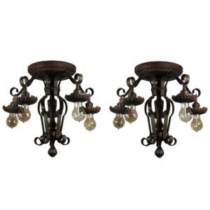 Matching Antique Semi-Flush Mount Chandeliers with Exposed Bulbs, Polychrome
