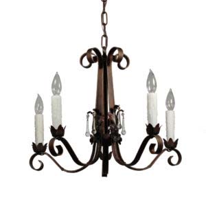 Antique Wrought Iron Five-Light Chandelier with Prisms