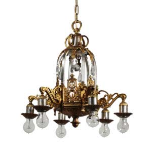 Antique Two Tone Exposed Bulb Chandelier, c. 1920