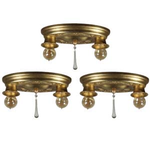 Antique Brass Two-Light Flush Mount Fixtures, Early 1900’s
