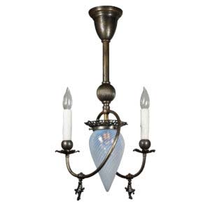 Antique Art Nouveau Gas & Electric Chandelier, Original Blue Swirl Glass Shade