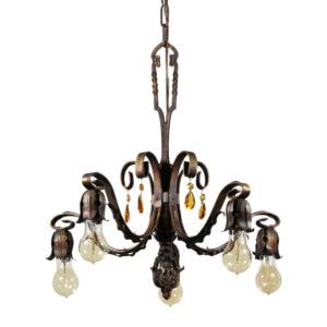 Antique Iron Spanish Revival Five-Light Chandelier with Prisms