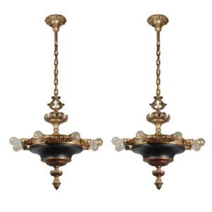 Matching Antique Bronze Masonic Loew’s Temple Theater Chandeliers, E.F. Caldwell Attributed