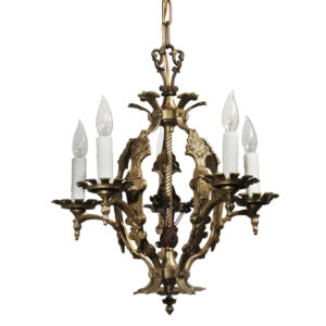 Spanish Revival Cast Brass Chandelier with Shields, Antique Lighting