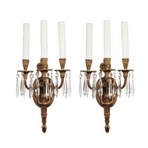 Antique Neoclassical Brass Three-Arm Sconce Pair with Prisms