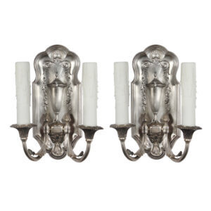 Pair of Antique Neoclassical Silver Plated Double-Arm Sconces, c. 1910