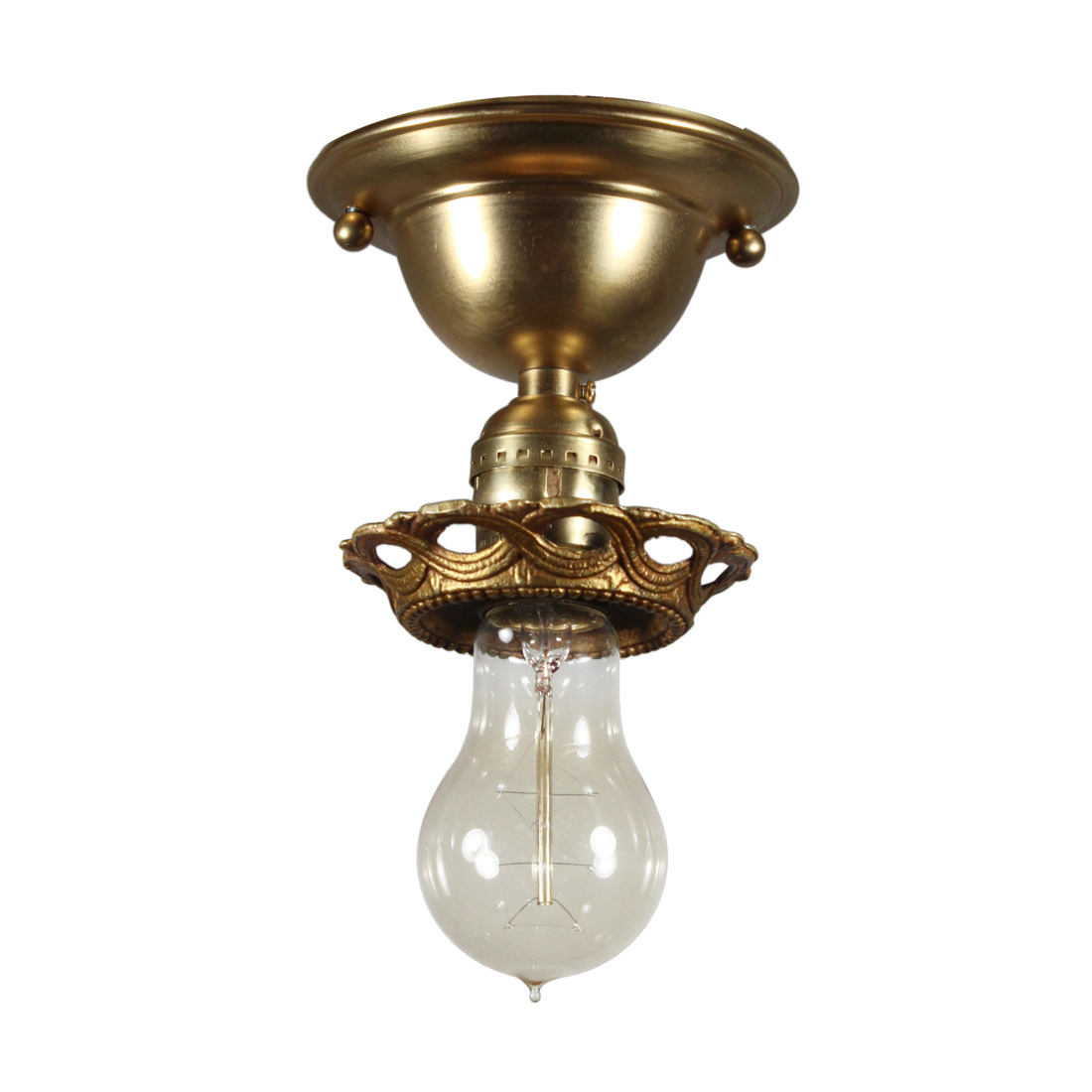 Antique Brass Flush-Mount Light with Exposed Bulb