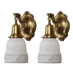 Antique Pair of Brass Sconces with Glass Shades, c. 1920
