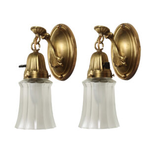 Pair of Antique Brass Sconces with Glass Shades, Early 1900’s