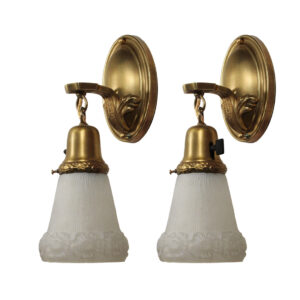 Pair of Antique Brass Sconces with Glass Shades, c. 1910