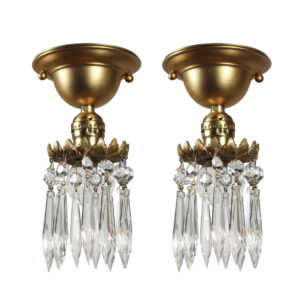 Matching Antique Brass Flush-Mount Lights with Exposed Bulbs and Prisms