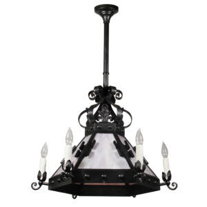 Large Antique Nine-Light Iron Chandelier with Slag Glass