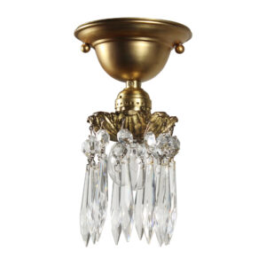 Antique Brass Flush-Mount Light with Exposed Bulb and Prisms