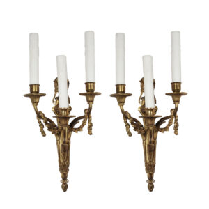 Pair of Antique Brass Three-Arm Sconces, Neoclassical Lighting