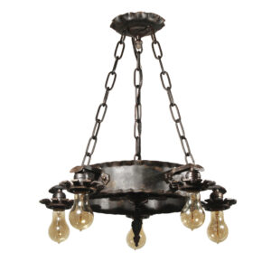 Antique Cast Iron Tudor Chandelier with Exposed Bulbs, Early 1900’s