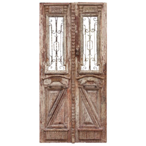 Reclaimed Pair of 43” French Colonial Doors with Iron Inserts, Antique Doors