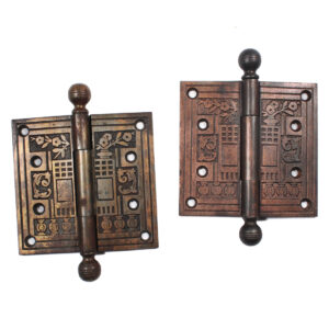 Pair of Antique Decorative Cast Iron 4” Hinges, Bronze Wash