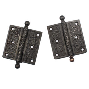 Pair of Reclaimed Decorative Cast Iron 3.5” Hinges, Antique Hardware