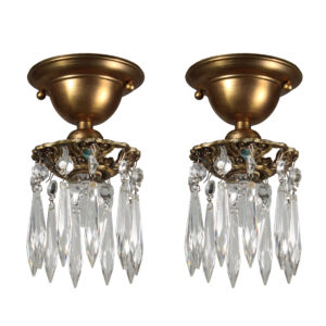 Matching Brass Flush-Mount Fixtures with Prisms, Antique Lighting