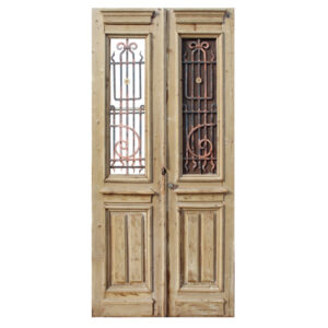Reclaimed Pair of 44” French Colonial Doors with Iron Inserts, Antique Doors