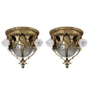 Unusual Matching Antique Cast Bronze Figural Inverted Dome Semi-Flush Lights, 19th Century