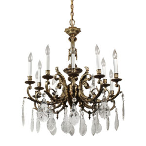 Substantial Antique Cast Bronze Twelve-Light Chandelier with Prisms, c. 1870