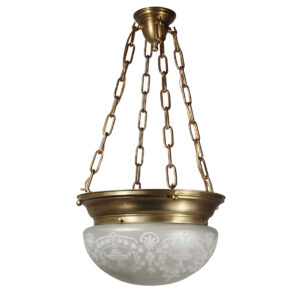 Antique Brass Neoclassical Inverted Dome Chandelier with Iridescent Shade