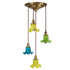 Antique Semi Flush-Mount Chandelier with Colored Glass Shades, Early 1900’s