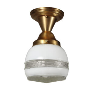 Antique Brass Flush Mount Light with Glass Shade, c. 1930